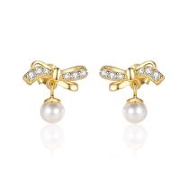 925 Sterling Silver Stud Earrings, with Plastic Pearl, Bowknot, plated, micro pave rhinestone & for woman, more colors for choice, 10.40x11.45mm, Sold By Pair