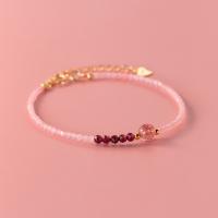 Braceletes de quartzo, quartzo rosa, with 925 de prata esterlina & Granada, with 4.5cm extender chain, joias de moda, comprimento Aprox 20 cm, vendido por PC