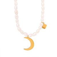 Titanium Steel Necklace with Freshwater Pearl with 3.15inch extender chain Moon fashion jewelry & for woman golden Length Approx 14.96 Inch Sold By PC