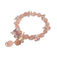 Strawberry Quartz Bracelet, with Crystal & Brass, Calabash, gold color plated, Korean style & micro pave cubic zirconia & for woman, Length:Approx 6.7 Inch, Sold By PC