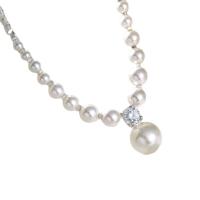 Glass Pearl Necklace, with Brass, silver color plated, fashion jewelry & micro pave cubic zirconia & for woman, white, Sold Per 38 cm Strand