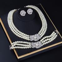 Jewelry Sets, Stud Earring & bracelet & necklace, Plastic Pearl, with Rhinestone & Tibetan Style, with 7cm extender chain, silver color plated, three pieces & fashion jewelry & multilayer & for woman, white, 20x20mm, Length:Approx 23 cm, Approx 43 cm, Sold By Set