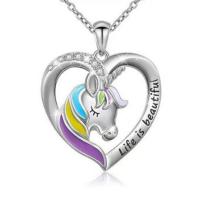 Stainless Steel Jewelry Necklace, 304 Stainless Steel Chain, with Tibetan Style pendant, with 5cm extender chain, Unicorn, silver color plated, fashion jewelry & for woman & enamel & with rhinestone, 30x23mm, Length:Approx 45 cm, Sold By PC