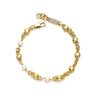 Brass Bracelet & Bangle with Freshwater Pearl 18K gold plated fashion jewelry & micro pave cubic zirconia & for woman golden Length 18.7 cm Sold By PC