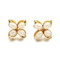 Freshwater Pearl Earrings, Brass, with Freshwater Pearl, Flower, 18K gold plated, fashion jewelry & for woman, golden, 13x13mm, Sold By Pair