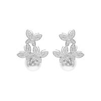 Cubic Zirconia Micro Pave Brass Earring Copper Alloy with Plastic Pearl Butterfly platinum plated fashion jewelry & micro pave cubic zirconia & for woman white nickel lead & cadmium free Sold By Pair