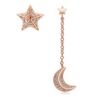 Asymmetric Earrings Brass Moon and Star plated fashion jewelry & for woman & with rhinestone nickel lead & cadmium free 12MM 13MM Sold By Pair