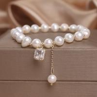 Bracelet en perles de culture d'eau douce, perle d'eau douce cultivée, avec alliage de zinc, Rond, Placage de couleur d'or, bijoux de mode & pavé de micro zircon & pour femme, blanc, 16mm, Longueur:Environ 18 cm, Vendu par PC