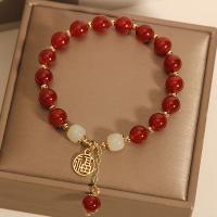 Bracelets en Agate rouge, avec blanc calcédoine & alliage de zinc, Rond, Placage de couleur d'or, bijoux de mode & unisexe, rouge, Longueur:Environ 18 cm, Vendu par PC