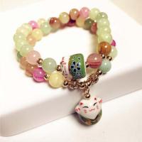 Gemstone Bracelets Natural Stone with Porcelain & Zinc Alloy Fortune Cat gold color plated fashion jewelry & for woman Length Approx 37 cm Sold By PC