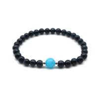 Gemstone Bracelets, Blue Sandstone, with Chalcedony & Tibetan Style, Round, silver color plated, fashion jewelry & for woman, dark blue, 6mm, Length:Approx 18 cm, Sold By PC