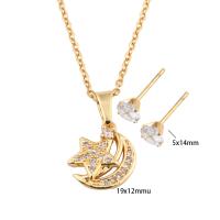 Cubic Zirconia Stainless Steel Jewelry Sets, Stud Earring & necklace, 304 Stainless Steel, Moon and Star, Vacuum Ion Plating, micro pave cubic zirconia & for woman, golden, Length:Approx 49.5 cm, Sold By Set
