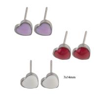 Stainless Steel Stud Earrings, 304 Stainless Steel, Heart, Vacuum Ion Plating, for woman & enamel, more colors for choice, 7x14x3mm, Sold By Pair