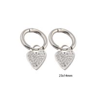 Huggie Hoop Drop Earring, 304 Stainless Steel, Heart, Vacuum Ion Plating, micro pave cubic zirconia & for woman & enamel, silver color, 23x14x2mm, Sold By Pair