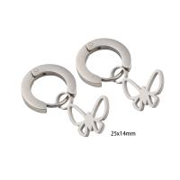 Huggie hoepel Drop Earrings, 304 roestvrij staal, Vlinder, voor vrouw, zilver, 25x14x2mm, Verkocht door pair