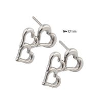 Stainless Steel Stud Earrings, 304 Stainless Steel, Heart, Vacuum Ion Plating, for woman, silver color, 16x13x2mm, Sold By Pair
