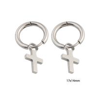Huggie Hoop Drop Earring, 304 Stainless Steel, Cross, Vacuum Ion Plating, for woman, silver color, 17x14x2mm, Sold By Pair
