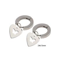 Huggie Hoop Drop Earring, 304 Stainless Steel, Heart, Vacuum Ion Plating, for woman, silver color, 24x13x2mm, Sold By Pair