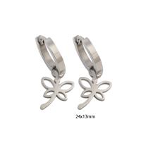 Huggie Hoop Drop Earring, 304 Stainless Steel, Four Leaf Clover, Vacuum Ion Plating, for woman, silver color, 24x13x2mm, Sold By Pair