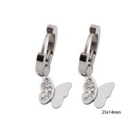 Huggie Hoop Drop Earring 304 Stainless Steel Butterfly Vacuum Ion Plating micro pave cubic zirconia & for woman & enamel silver color Sold By Pair