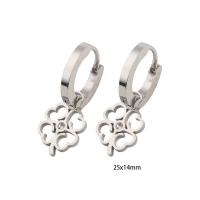 Huggie Hoop Drop Earring, 304 Stainless Steel, Four Leaf Clover, Vacuum Ion Plating, micro pave cubic zirconia & for woman, silver color, 25x14x2mm, Sold By Pair