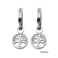 Huggie Hoop Drop Earring, 304 Stainless Steel, Tree, Vacuum Ion Plating, for woman, silver color, 25x14x2mm, Sold By Pair