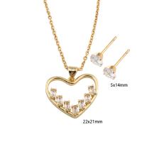 Cubic Zirconia Stainless Steel Jewelry Sets, Stud Earring & necklace, 304 Stainless Steel, with Brass, Heart, Vacuum Ion Plating, micro pave cubic zirconia & for woman, golden, Length:Approx 49.3 cm, Sold By Set