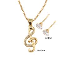 Cubic Zirconia Stainless Steel Jewelry Sets, Stud Earring & necklace, 304 Stainless Steel, with Brass, Music Note, Vacuum Ion Plating, micro pave cubic zirconia & for woman, golden, Length:Approx 51.2 cm, Sold By Set