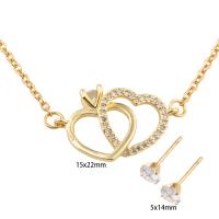 Cubic Zirconia Stainless Steel Jewelry Sets, Stud Earring & necklace, 304 Stainless Steel, with Brass, Heart, Vacuum Ion Plating, micro pave cubic zirconia & for woman, golden, Length:Approx 52.5 cm, Sold By Set