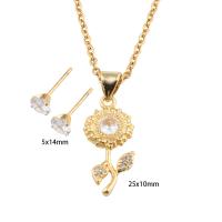 Cubic Zirconia Stainless Steel Jewelry Sets Stud Earring & necklace 304 Stainless Steel with Brass Flower Vacuum Ion Plating micro pave cubic zirconia & for woman golden Length Approx 49.5 cm Sold By Set