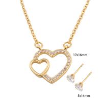Cubic Zirconia Stainless Steel Jewelry Sets, Stud Earring & necklace, 304 Stainless Steel, with Brass, Heart, Vacuum Ion Plating, micro pave cubic zirconia & for woman, golden, Length:Approx 51.4 cm, Sold By Set