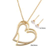 Cubic Zirconia Stainless Steel Jewelry Sets, Stud Earring & necklace, 304 Stainless Steel, with Brass, Heart, Vacuum Ion Plating, micro pave cubic zirconia & for woman, golden, Length:Approx 50 cm, Sold By Set