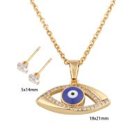 Evil Eye Jewelry Set Stud Earring & necklace 304 Stainless Steel with Brass Vacuum Ion Plating micro pave cubic zirconia & for woman & enamel golden Length Approx 49.6 cm Sold By Set