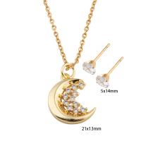 Cubic Zirconia Stainless Steel Jewelry Sets, Stud Earring & necklace, 304 Stainless Steel, with Brass, Moon, Vacuum Ion Plating, micro pave cubic zirconia & for woman, golden, Length:Approx 50.3 cm, Sold By Set