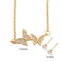 Cubic Zirconia Stainless Steel Jewelry Sets, Stud Earring & necklace, 304 Stainless Steel, with Brass, Butterfly, Vacuum Ion Plating, micro pave cubic zirconia & for woman, golden, Length:Approx 53.2 cm, Sold By Set