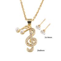 Cubic Zirconia Stainless Steel Jewelry Sets Stud Earring & necklace 304 Stainless Steel with Plastic Pearl & Brass Music Note Vacuum Ion Plating micro pave cubic zirconia & for woman golden Length Approx 49.5 cm Sold By Set