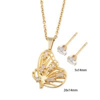 Cubic Zirconia Stainless Steel Jewelry Sets Stud Earring & necklace 304 Stainless Steel with Brass Butterfly Vacuum Ion Plating micro pave cubic zirconia & for woman golden Length Approx 49.6 cm Sold By Set