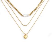 Mode-Multi-Layer-Halskette, 304 Edelstahl, mit Kunststoff Perlen, mit Verlängerungskettchen von 5cm, 18K vergoldet, drei Schichten & Modeschmuck & für Frau, goldfarben, Länge ca. 52 cm, verkauft von PC