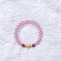 Braceletes de quartzo, quartzo rosa, with Morango Quartz & liga de zinco, Roda, cromado de cor dourada, joias de moda & para mulher, rosa, comprimento Aprox 18 cm, vendido por PC