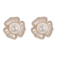 Brass Stud Earring with Plastic Pearl fashion jewelry & for woman & with rhinestone nickel lead & cadmium free Sold By Pair