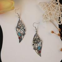 Tibetan Style Drop Earrings, with turquoise, Leaf, antique silver color plated, fashion jewelry & for woman, nickel, lead & cadmium free, 69x19mm, Sold By Pair