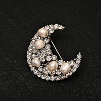Freshwater Pearl Brooch with Zinc Alloy Moon silver color plated fashion jewelry & for woman & with rhinestone mixed colors Sold By PC