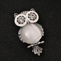 Tibetan Style Brooches, with Cats Eye, Owl, silver color plated, fashion jewelry & for woman & enamel & with rhinestone, mixed colors, nickel, lead & cadmium free, 30-50mm, Sold By PC