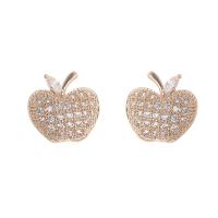 Cubic Zirconia Micro Pave Brass Earring, Apple, fashion jewelry & micro pave cubic zirconia & for woman, more colors for choice, nickel, lead & cadmium free, 10x10mm, Sold By Pair