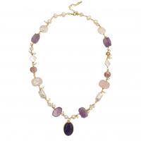 Brass Necklace, with pearl & Amethyst & Rose Quartz, with 2 Inch extender chain, gold color plated, fashion jewelry & for woman, nickel, lead & cadmium free, 12x12,15x19mm,18x24mm, Length:Approx 21 Inch, Sold By PC