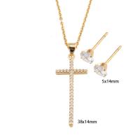 Cubic Zirconia Stainless Steel Jewelry Sets Stud Earring & necklace 304 Stainless Steel with Brass Cross plated micro pave cubic zirconia & for woman golden Length Approx 50 cm Sold By Set