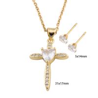 Cubic Zirconia Stainless Steel Jewelry Sets Stud Earring & necklace 304 Stainless Steel with Brass Cross Vacuum Ion Plating micro pave cubic zirconia & for woman golden Length Approx 50 cm Sold By Set