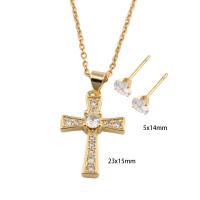 Cubic Zirconia Stainless Steel Jewelry Sets Stud Earring & necklace 304 Stainless Steel with Brass Cross plated micro pave cubic zirconia & for woman gold Length Approx 49.5 cm Sold By Set