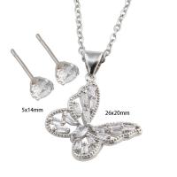 Cubic Zirconia Stainless Steel Jewelry Sets Stud Earring & necklace 304 Stainless Steel with Brass Butterfly Vacuum Ion Plating micro pave cubic zirconia & for woman silver color Length Approx 50.4 cm Sold By Set