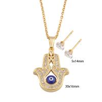 Evil Eye Jewelry Set, Stud Earring & necklace, 304 Stainless Steel, with Brass, plated, micro pave cubic zirconia & for woman & enamel, gold, Length:Approx 49.2 cm, Sold By Set